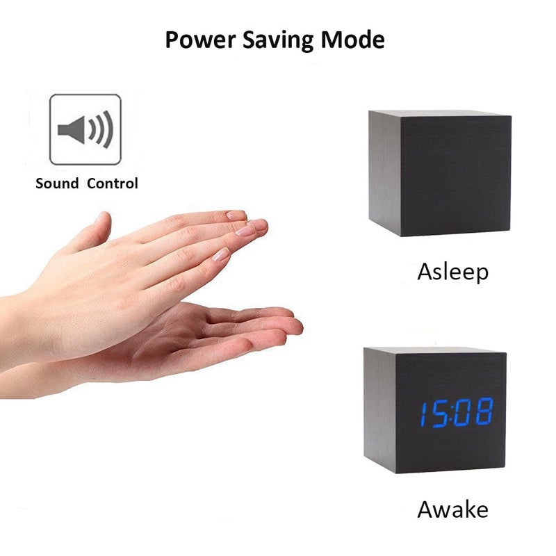 Onerbuy Wooden Digital Cube Alarm Clock Touch Sound Activated Desk Clock Portable Travel Clock with LCD Display for Time, Temperature, Calendar, 3 Alarm Settings (Black) - Image 3
